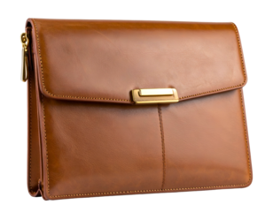 A rectangular, brown leather portfolio with gold hardware, featuring a flap and zipper