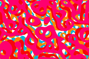 Abstract pattern with overlapping, organic shapes in vibrant colors: bright pink, orange, red