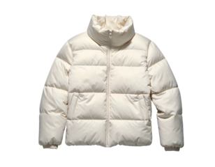 Cream-colored, quilted, puffer jacket with high collar and a zipper closure
