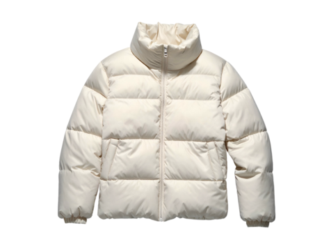 Cream-colored, quilted, puffer jacket with high collar and a zipper closure