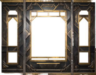 Ornate metallic frame with geometric designs and a central void, with two side panels