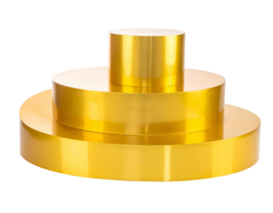 A shiny golden sculpture with circular tiers and a cylinder on top, against black