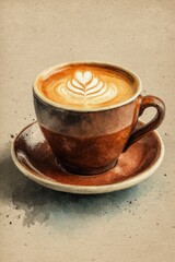 Watercolor illustration of a cappuccino with heart latte art in a brown ceramic cup on beige paper background, vintage coffee shop artwork