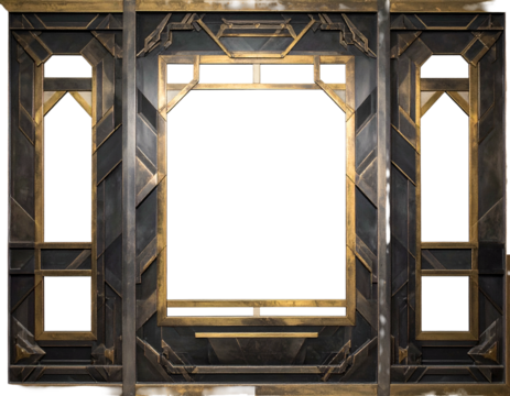 Ornate metallic frame with geometric designs and a central void, with two side panels