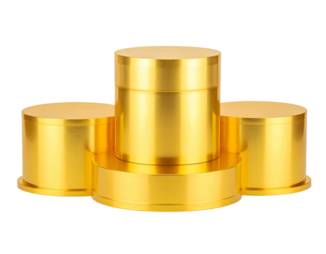 Gleaming, gold cylindrical pedestals, staged to elevate, reflect, and display objects
