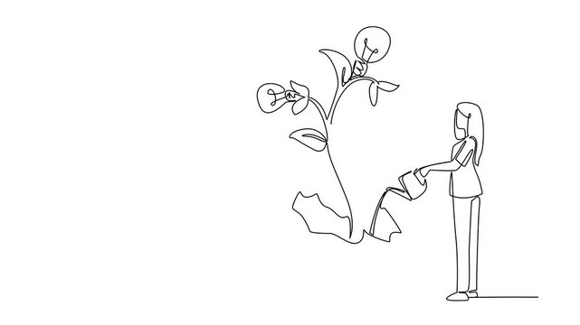 Animation of single continuous line drawing a woman watering plant with lightbulb fruit growing from inside broken lightbulb. Forget past mistakes. National Creativity Day. Full length motion
