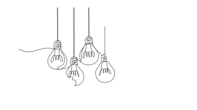 Self drawing animation of single one line drawing 6 light bulbs hanging with one bulb broken. Parasite. The group destroyer. The most useless one. Broken. National Creativity Day. Full length animated