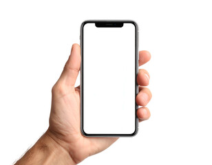 Person's hand holding a modern rectangular smartphone with a blank white screen