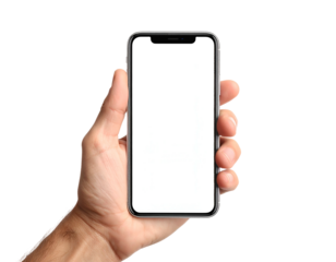 Person's hand holding a modern rectangular smartphone with a blank white screen