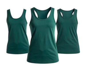 Three teal-colored women's tank tops in a studio setting, isolated on a black backdrop