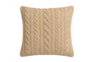 Beige knitted cushion featuring a cable knit pattern