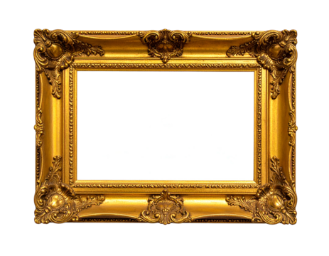 A decorative, gilded picture frame with ornate carvings and a blank white interior