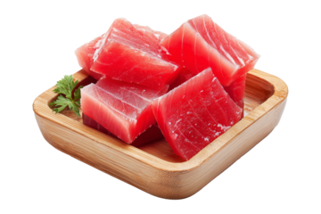 Fresh raw tuna cubes Micronesian sashimi isolated on white transparent background, representing seafood freshness.