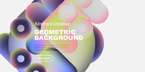 Fluid shapes, vibrant colors, geometric design. Modern abstract background with text, button present. Minimalist style.