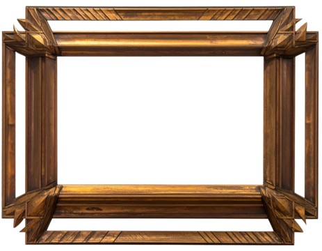 Ornate, rectangular wooden frame with detailed corners, gold color, and empty center