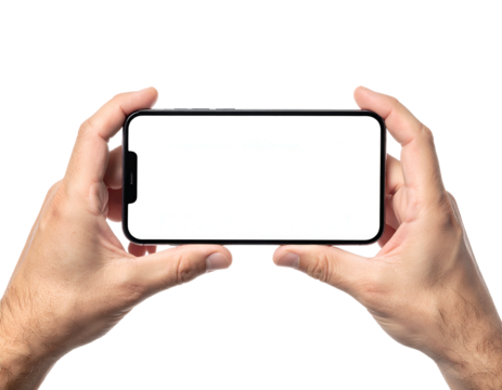 A pair of hands holding a smartphone with a blank white screen on a black background - Powered by Adobe