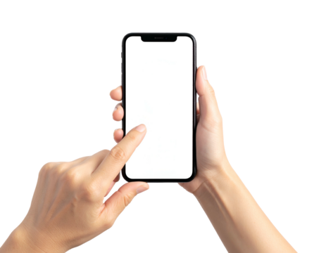Human hands holding a smartphone with a blank white screen, ready for content