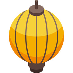 Isometric yellow hanging lantern with brown cap and base detailed with vertical lines casting subtle shadows on a clean white background a decorative asian inspired light source