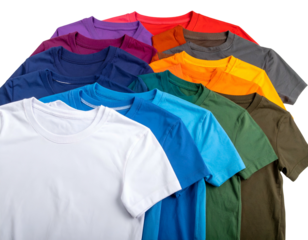 Collection of brightly colored, plain, crew neck t-shirts neatly stacked and arranged