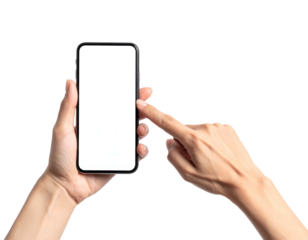 Close-up of hands holding a smartphone with blank white screen against a black background