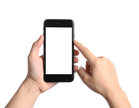 Hands holding a black smartphone with a blank screen against a black background