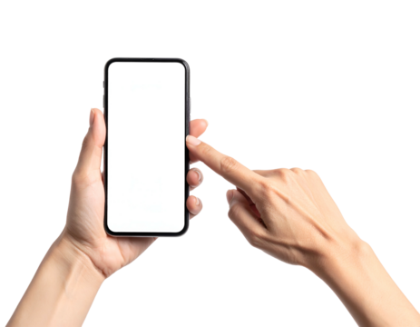 Close-up of hands holding a smartphone with blank white screen against a black background