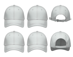 Multiple views of plain white baseball caps, front, back and side angles