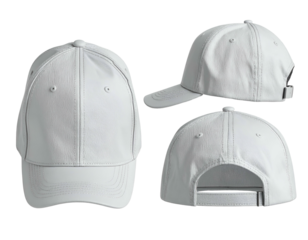 Three views of a plain, white baseball cap on a dark background, ready for design