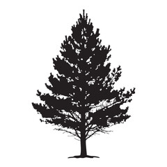Detailed realistic black silhouette of a large coniferous tree with dense branches and visible trunk texture representing a natural forest element isolated on a white background