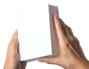Close-up view of two hands holding a white, rectangular box, isolated on a transparent background