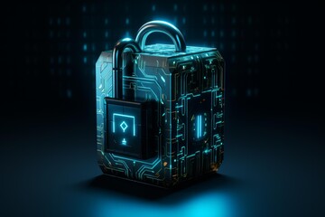 Futuristic server protecting data with padlock, ensuring cybersecurity in digital world