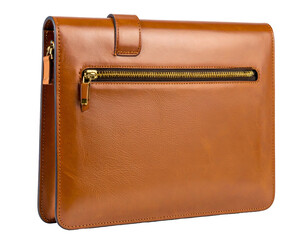 A medium-brown, leather folio case with a zipper and a clasp