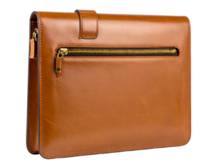 A medium-brown, leather folio case with a zipper and a clasp