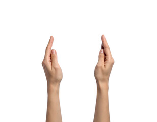 Two human hands, palms open, raising index fingers slightly towards the viewer on black