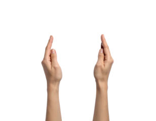 Two human hands, palms open, raising index fingers slightly towards the viewer on black