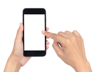 Person's hand holding a black smartphone with the screen facing the viewer, against black