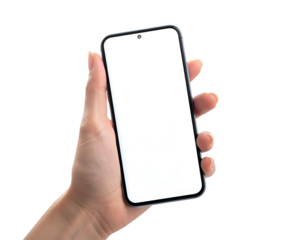 A hand holds a modern smartphone, displaying a blank white screen against a black background