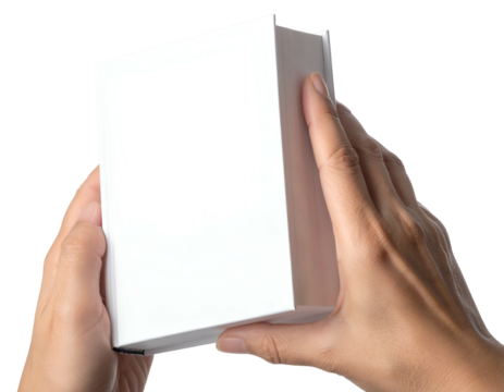 Close-up view of two hands holding a white, rectangular box, isolated on a transparent background