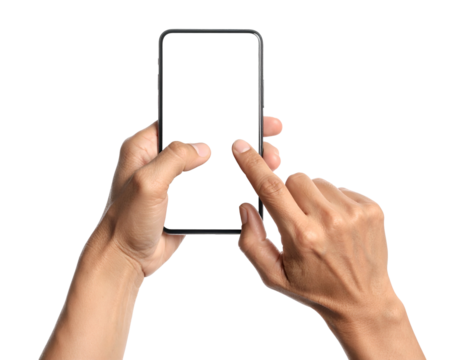 Close-up of a person's hands holding a black smartphone with a blank screen, isolated on black - Powered by Adobe