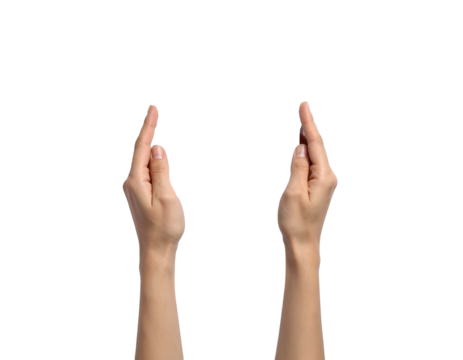 Two human hands, palms open, raising index fingers slightly towards the viewer on black
