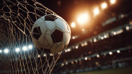 Soccer ball in net with stadium lights shining brightly during an exciting match atmosphere