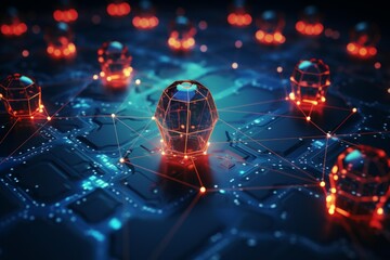 Polygonal nodes interacting on circuit board, symbolizing quantum computing network and advanced technology