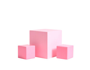 Obraz premium Three pink cubic shapes, one large and two small, sit against a black backdrop