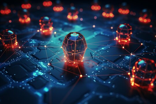 Polygonal nodes interacting on circuit board, symbolizing quantum computing network and advanced technology