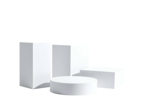 White 3D geometric shapes, including pedestals and rectangular blocks, are arranged together