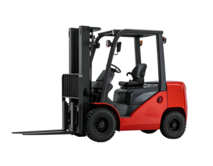 A red forklift sits against a stark black background, showcasing its design