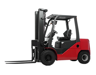 Side view of a modern forklift, with a red body and black accents against a black background