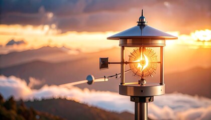 Obraz premium Weather instrumentation overlooking mountain sunrise, atmospheric monitoring station