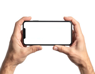 Human hands holding a rectangular device with a blank screen against a black background