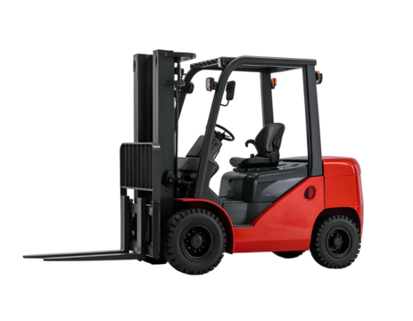A red forklift sits against a stark black background, showcasing its design